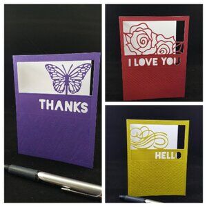 Sentiment Note Cards, Set of 6, Purple, Yellow, & Rose Note Card, Die Cut Design
